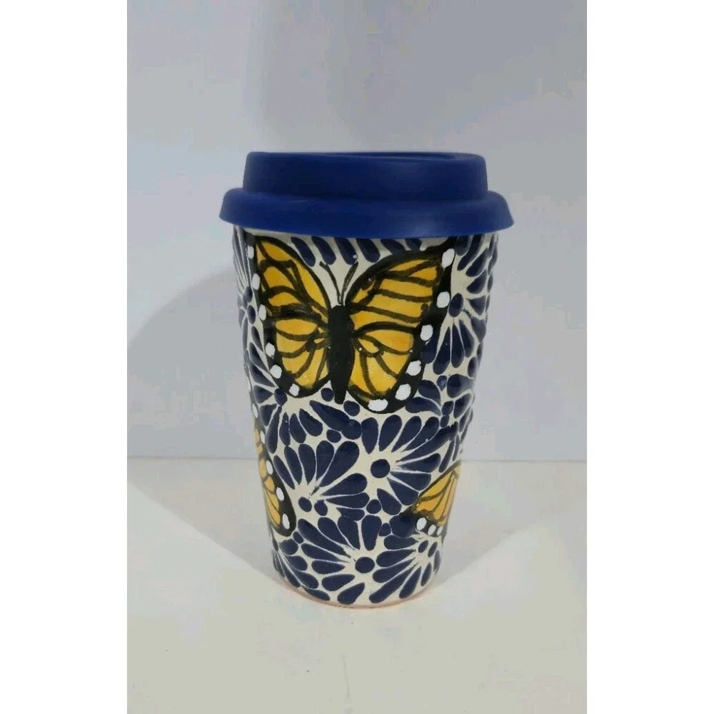 Talavera Tumbler Mexican Art Butterflies Monarcas Handmade 3.5 X 6 Inches